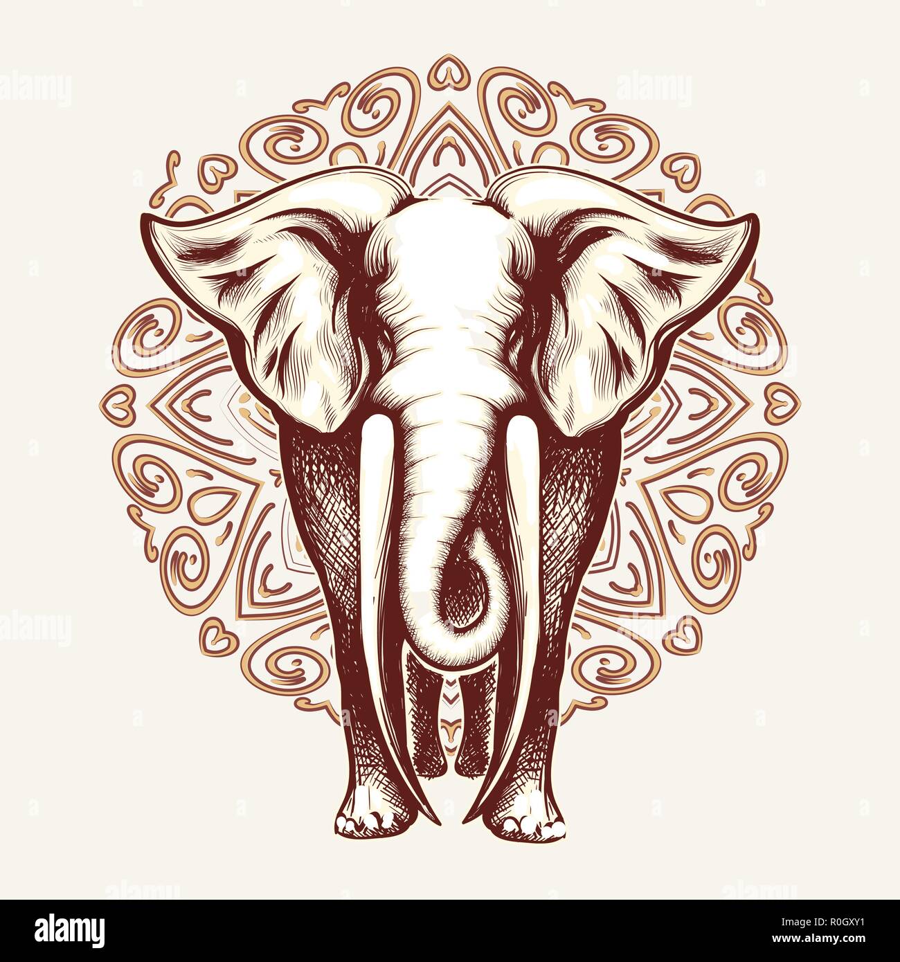 Elephant with huge tusks on Mandala pattern background. Vector illustration. Stock Vector