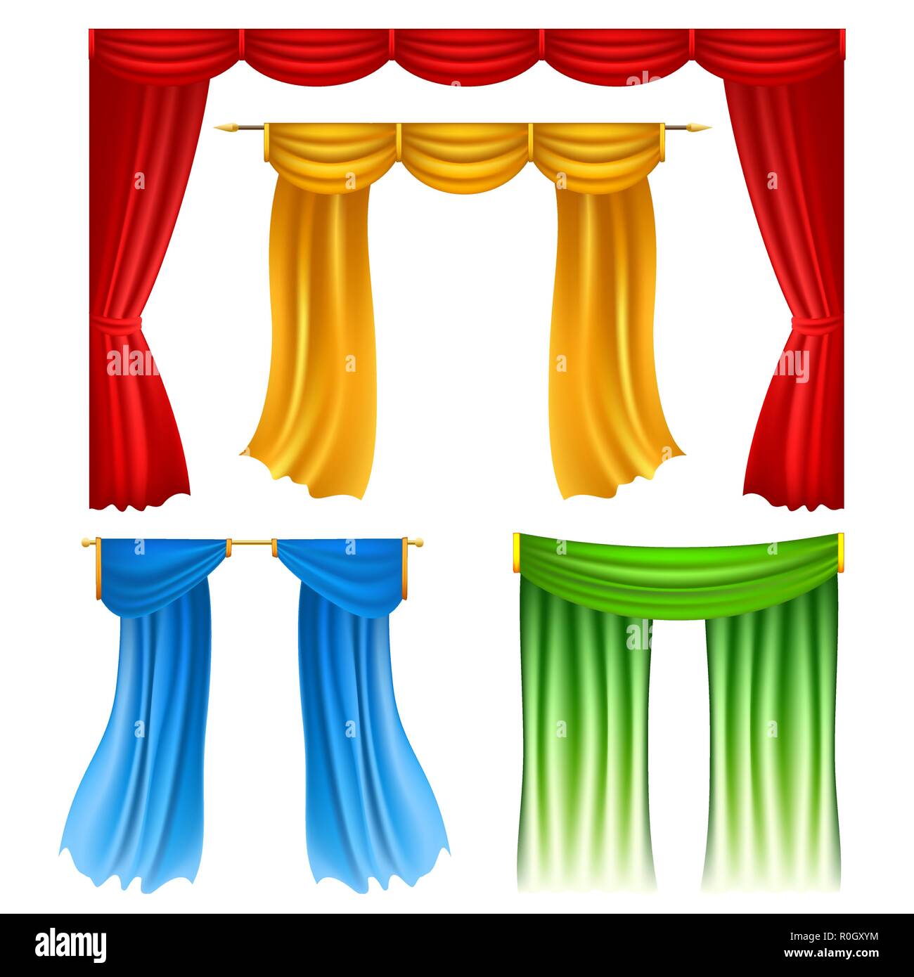 Set of Realistic Colorful curtains Isolated on white Background. Vector illustration. Stock Vector