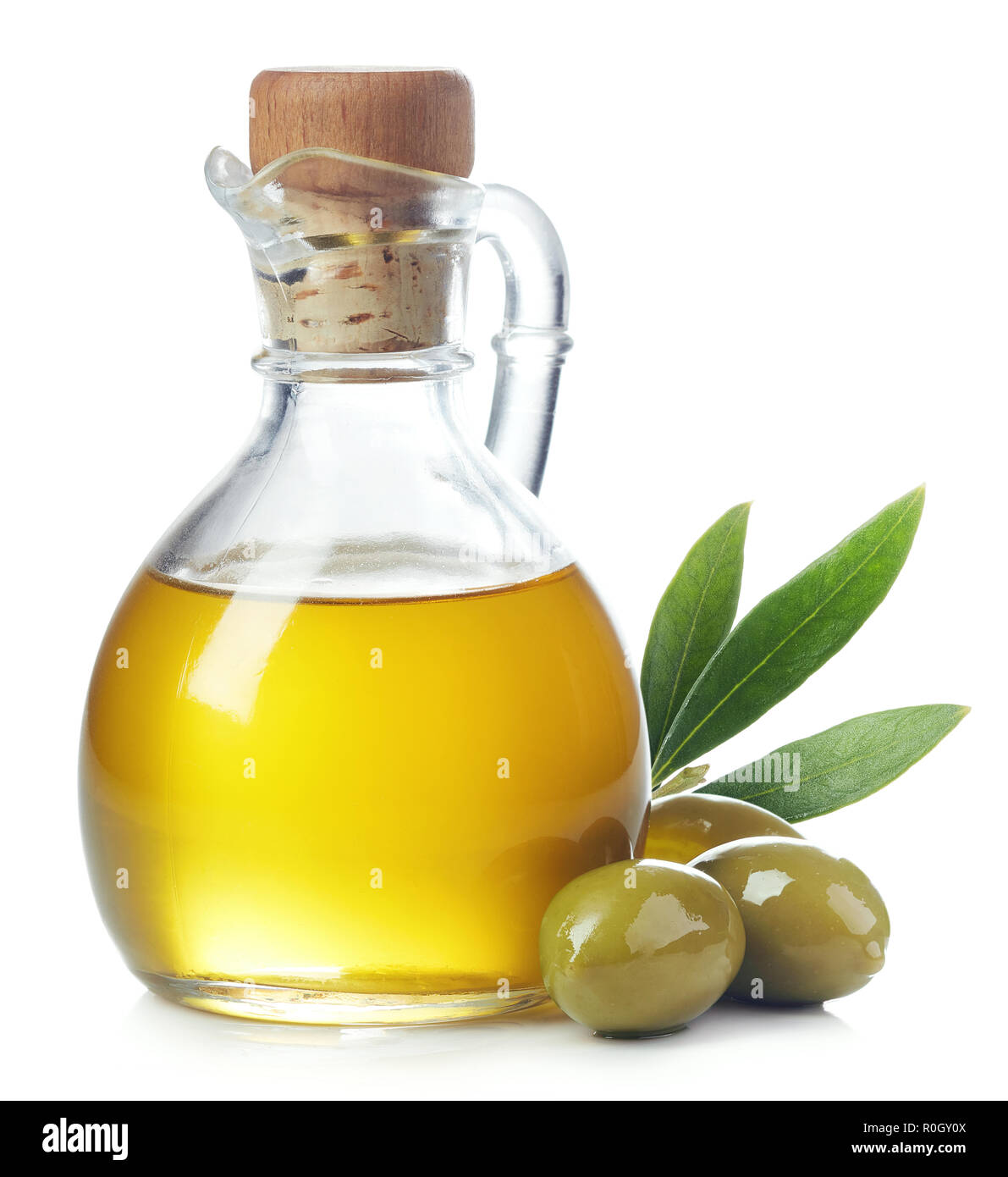 Bottle of fresh extra virgin olive oil and green olives with leaves ...