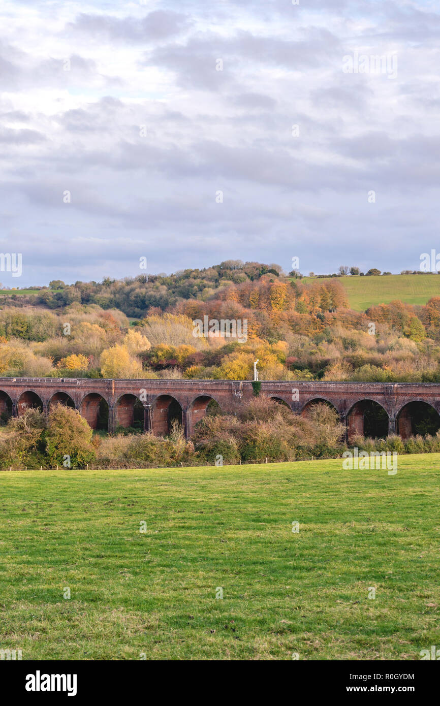 Scenic view during autumn across the Hampshire landscape and Hockley Viaduct near Winchester, Hampshire, England, UK Stock Photo