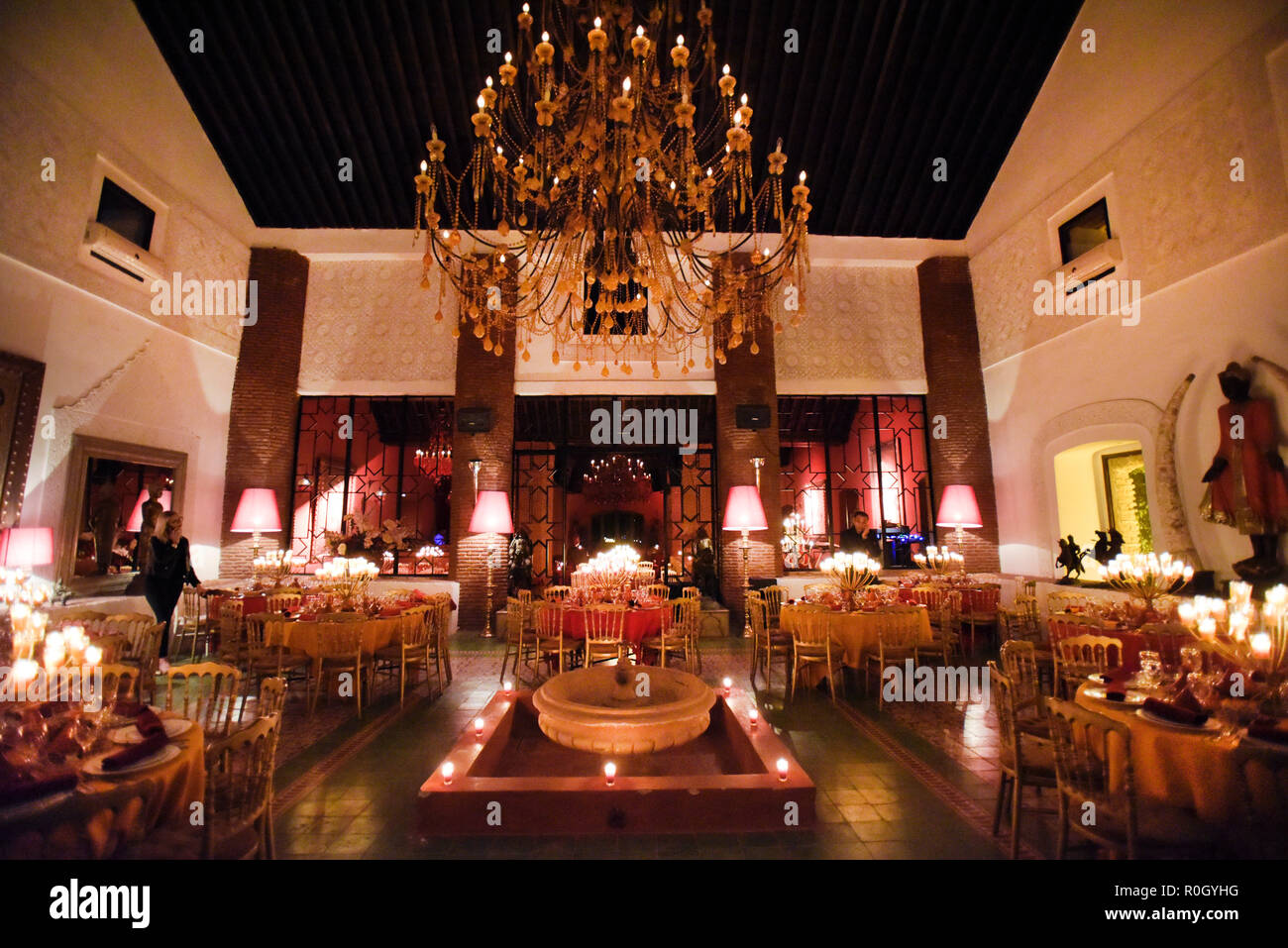 Interior view of a five star hotel restaurant by night in  Tensift al haouz in Marrakesh Morocco Stock Photo