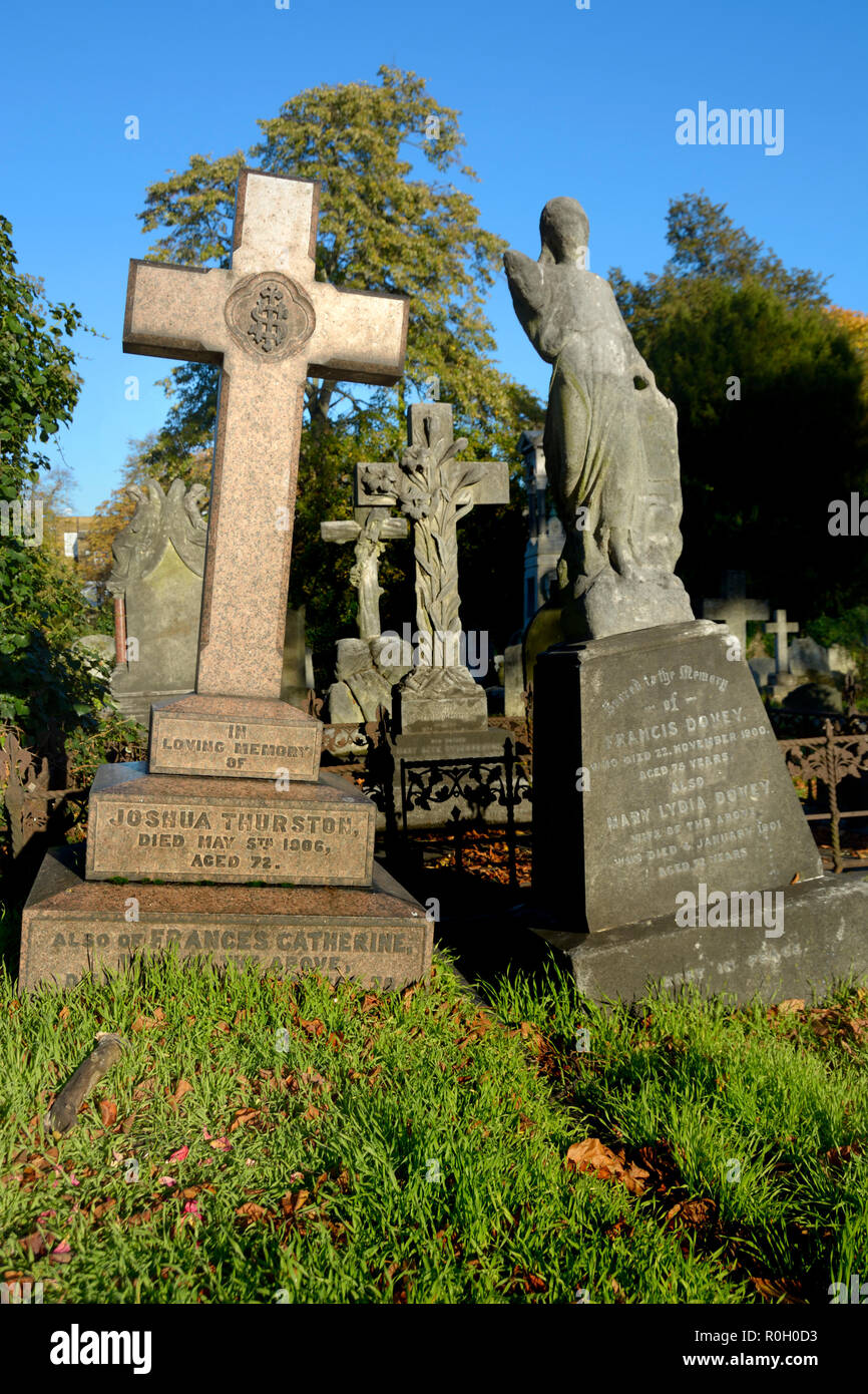 Leaning gravestones in Brompton Cemetery (Kensington and Chelsea) London, England, UK. Stock Photo