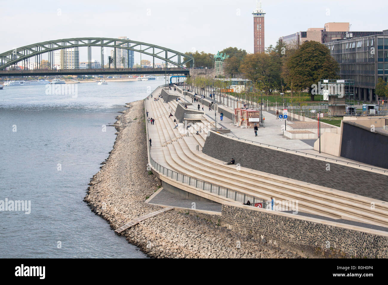 the Rhine boulevard in the district Deutz, Cologne, Germany. The large perron on the banks of the river Rhine between the the Hohenzollern Bridge and  Stock Photo