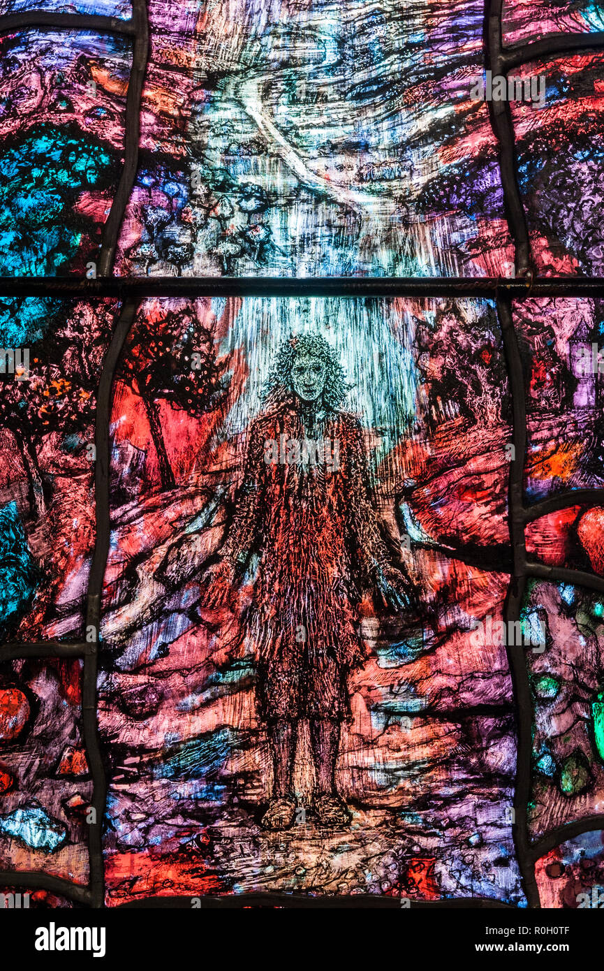 Hereford Cathedral, UK. Detail of the modern stained glass windows by Tom Denny (2007), commemorating the local 17c poet and mystic Thomas Traherne Stock Photo
