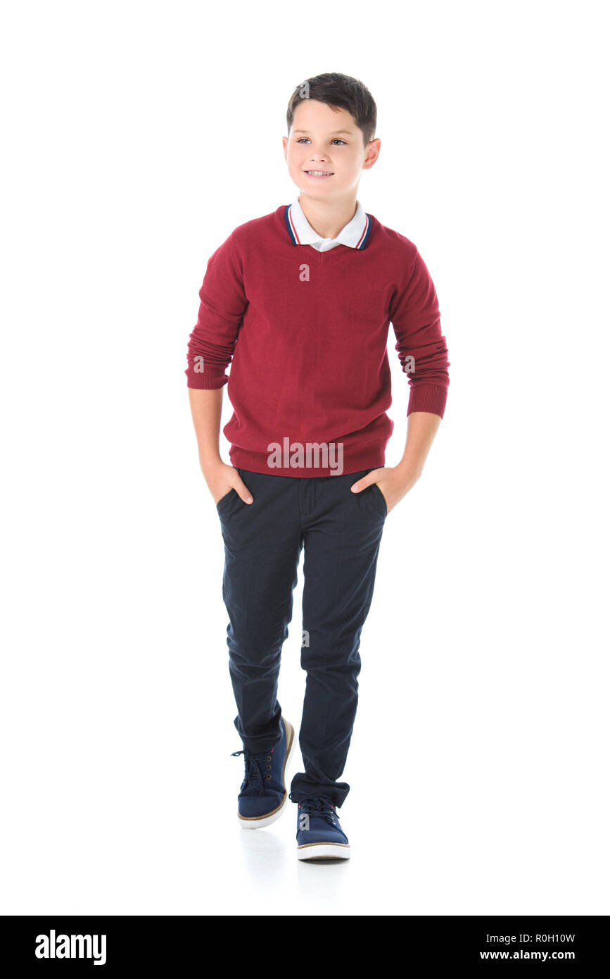 smiling boy posing in red sweater isolated on white Stock Photo - Alamy