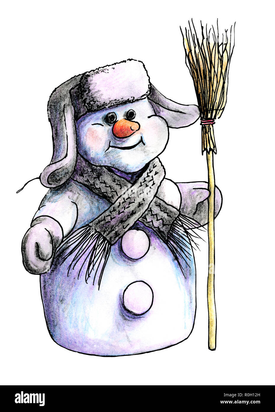 purple Siberian snowman in winter hat and warm knit scarf standing on a white background isolated with a broom in his hand. painted in watercolor Stock Photo