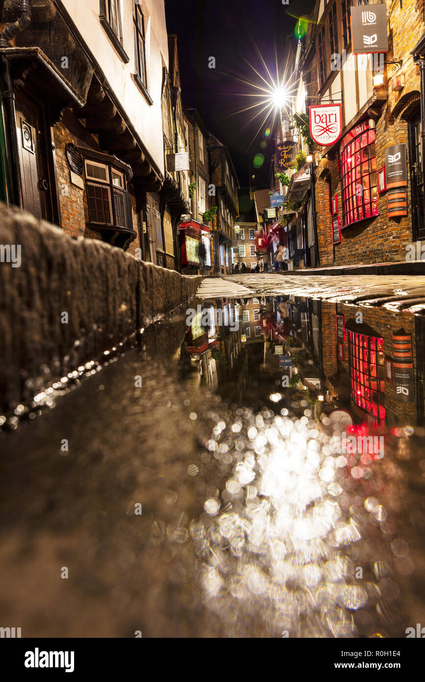 York City Shambles at night, York Shambles, York city cobbled street, Historic York, York City, UK, Yorkshire, city, cities, York Shambles at night UK Stock Photo