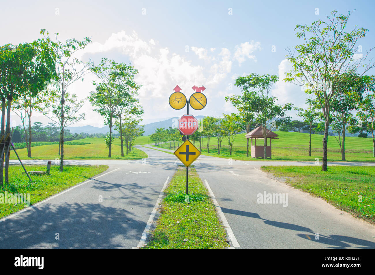 Asphalt road with traffic sign. Route in beautiful nature landscape with sun, blue sky and green grass. Stock Photo
