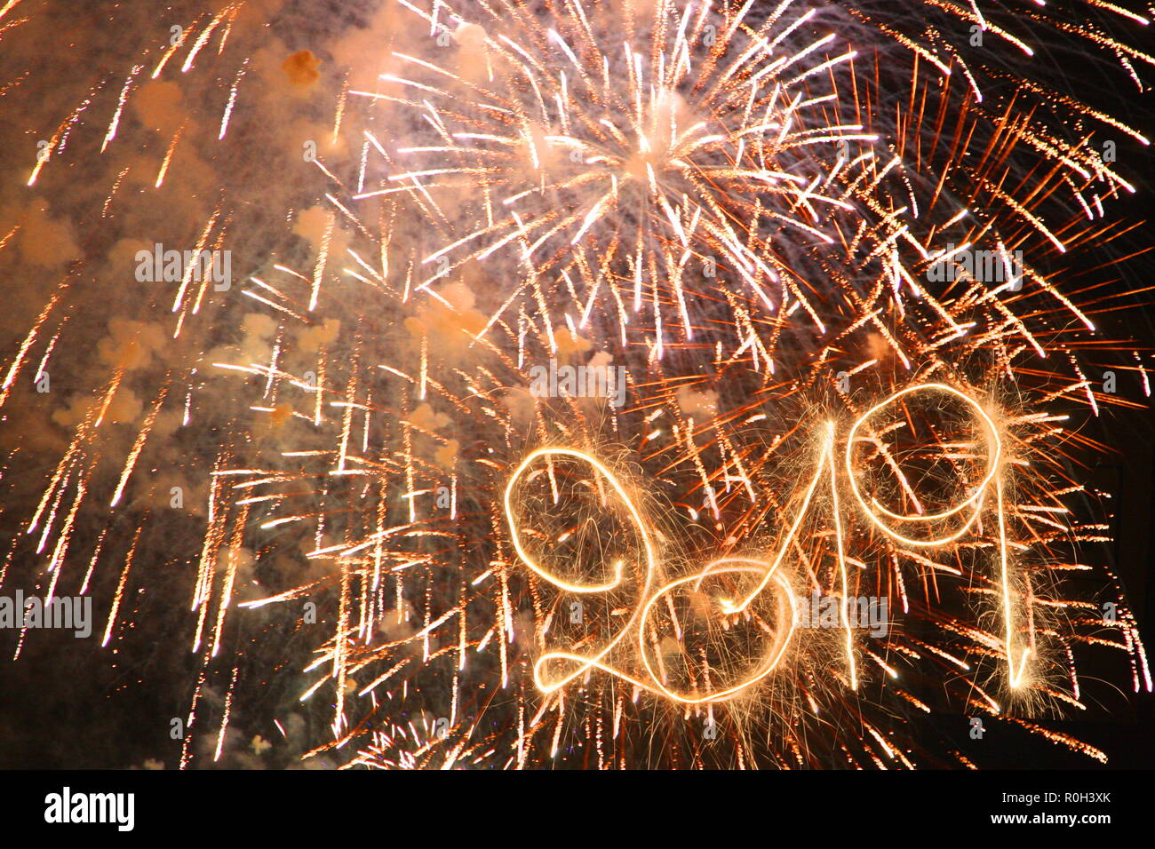 Happy New Year 2019 written with sparklers Stock Photo