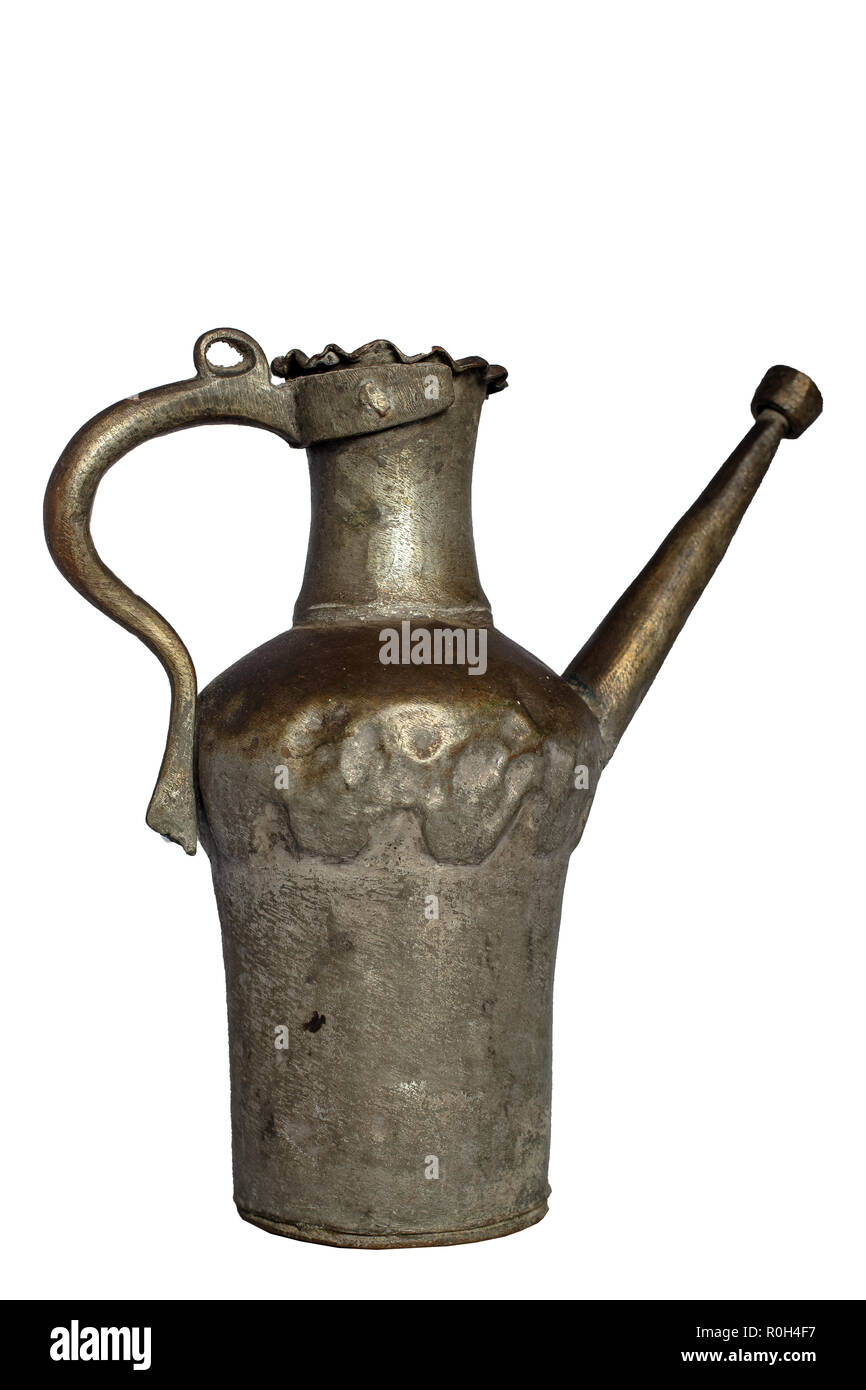 Antique copper jug , isolated on white background,  side view Stock Photo