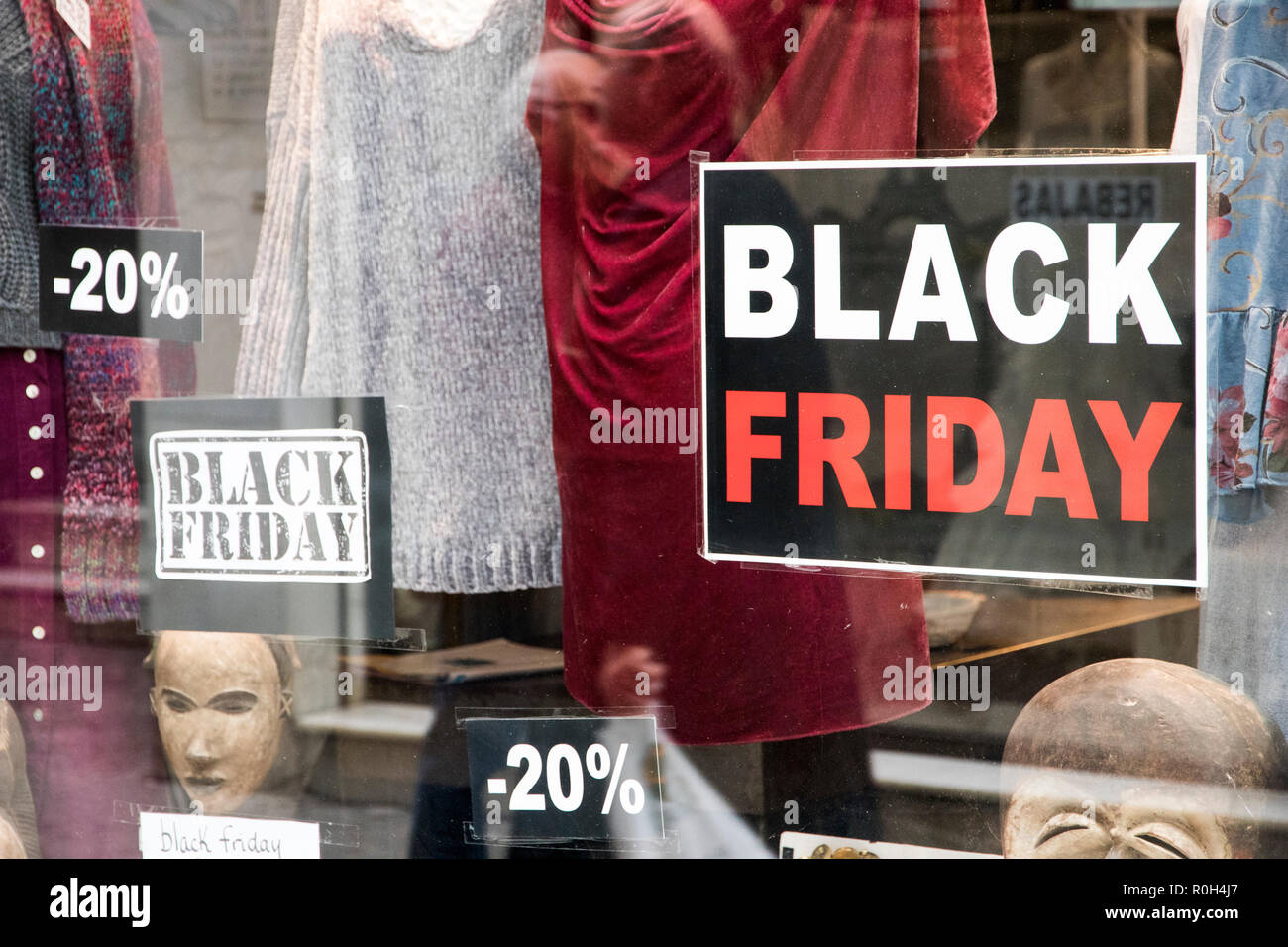 Seville, Spain. Store showcase during Black Friday, an informal name for the day following Thanksgiving Day and beginning of Christmas shopping season Stock Photo