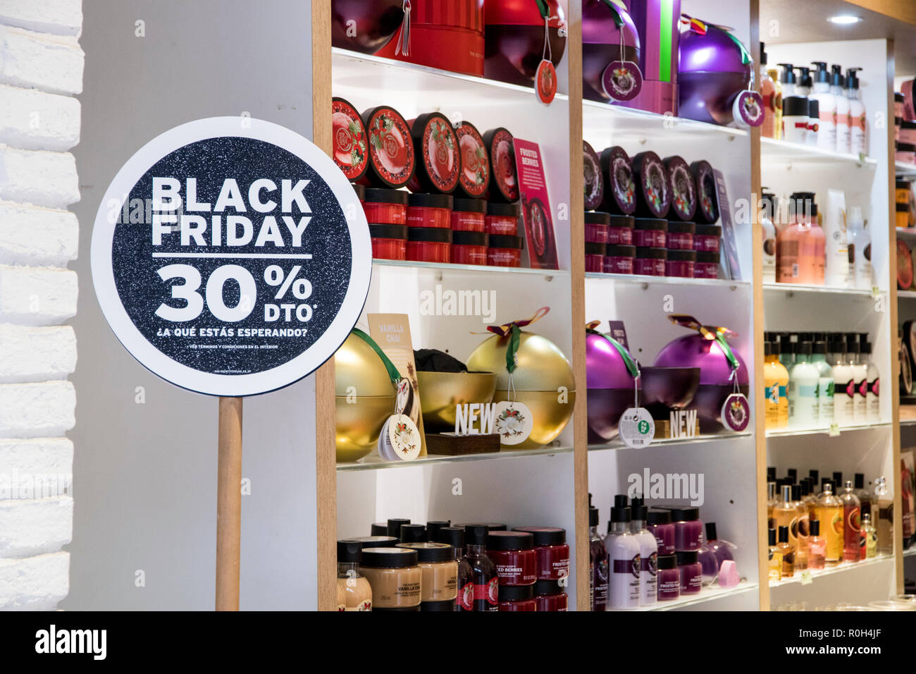 Seville, Spain. Store showcase during Black Friday, an informal name for the day following Thanksgiving Day and beginning of Christmas shopping season Stock Photo