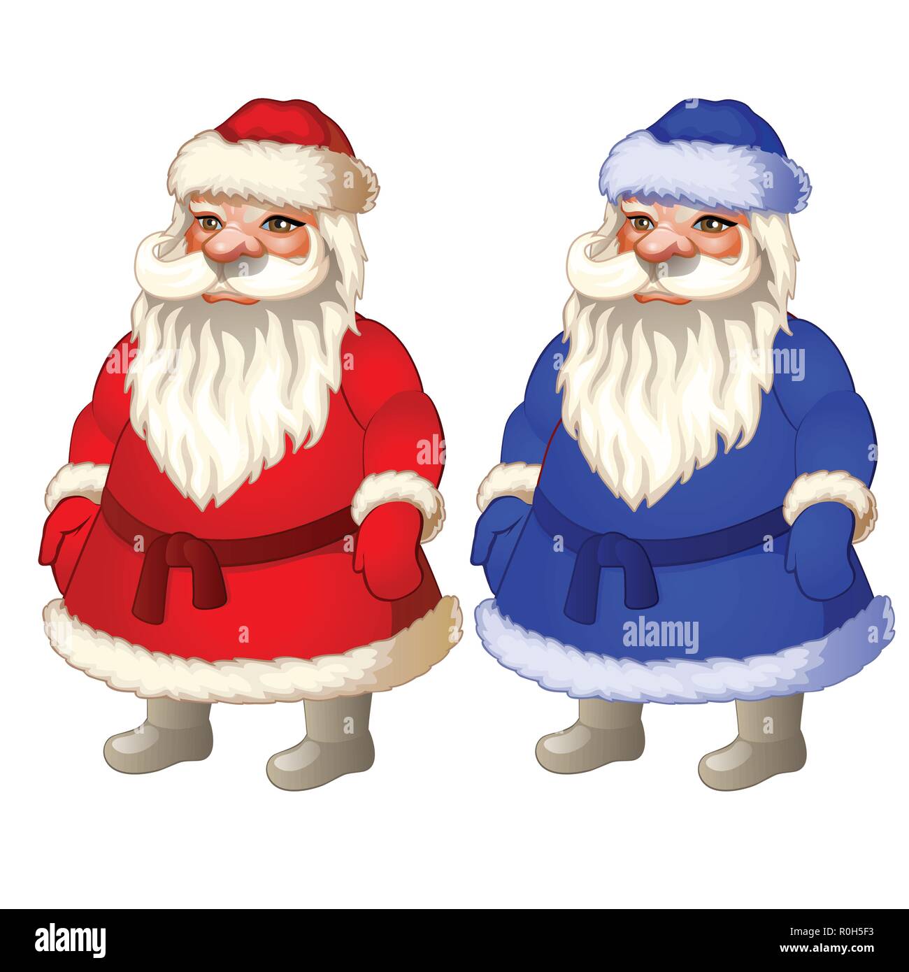 Set of animated Santa Claus in red and blue Christmas costume. Sample of the poster, invitation and other cards. Vector illustration. Stock Vector