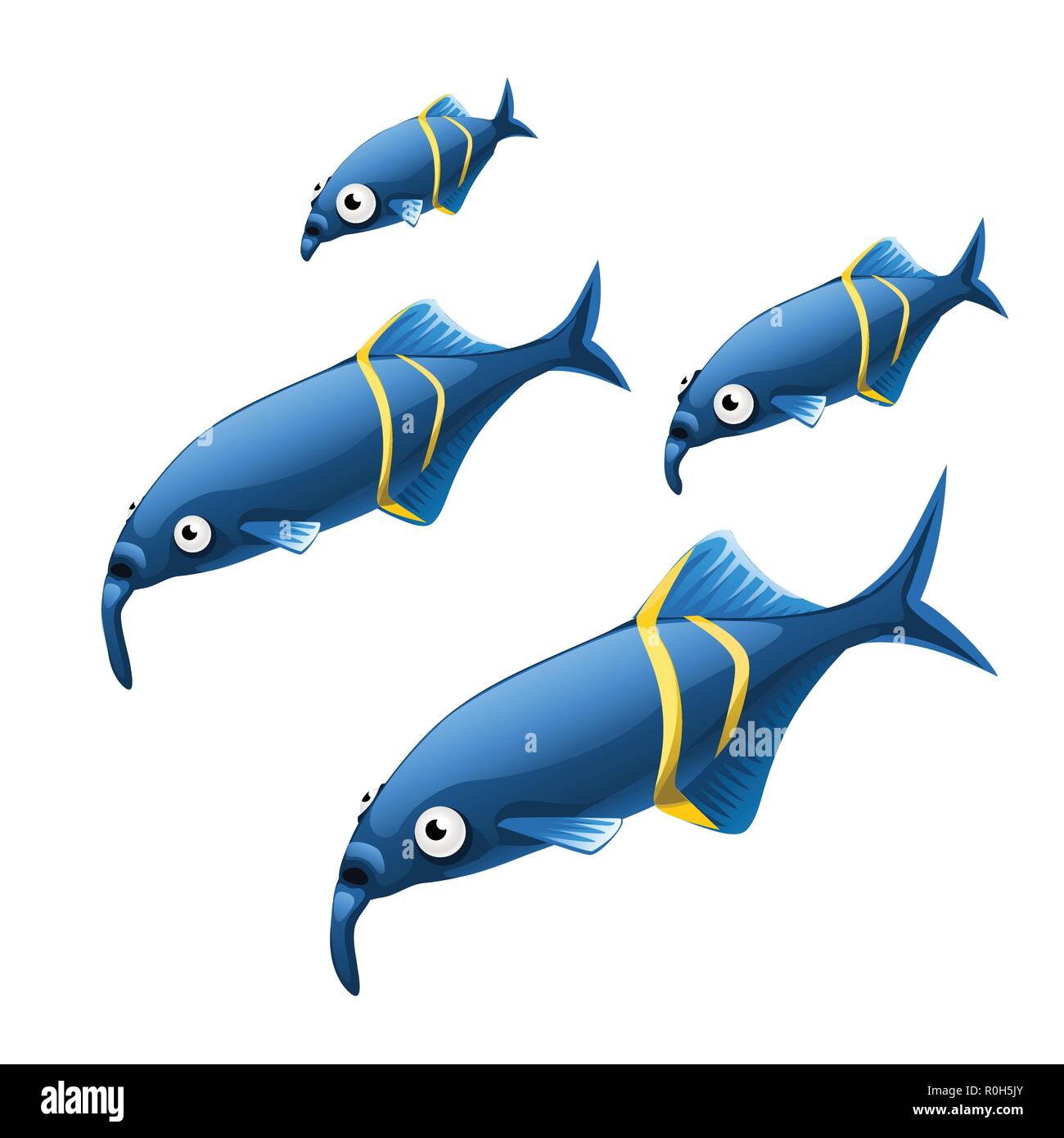 The growth stage of unusual Elephant nosed fish Gnathonemus petersi are isolated on a white background. Vector illustration. Stock Vector