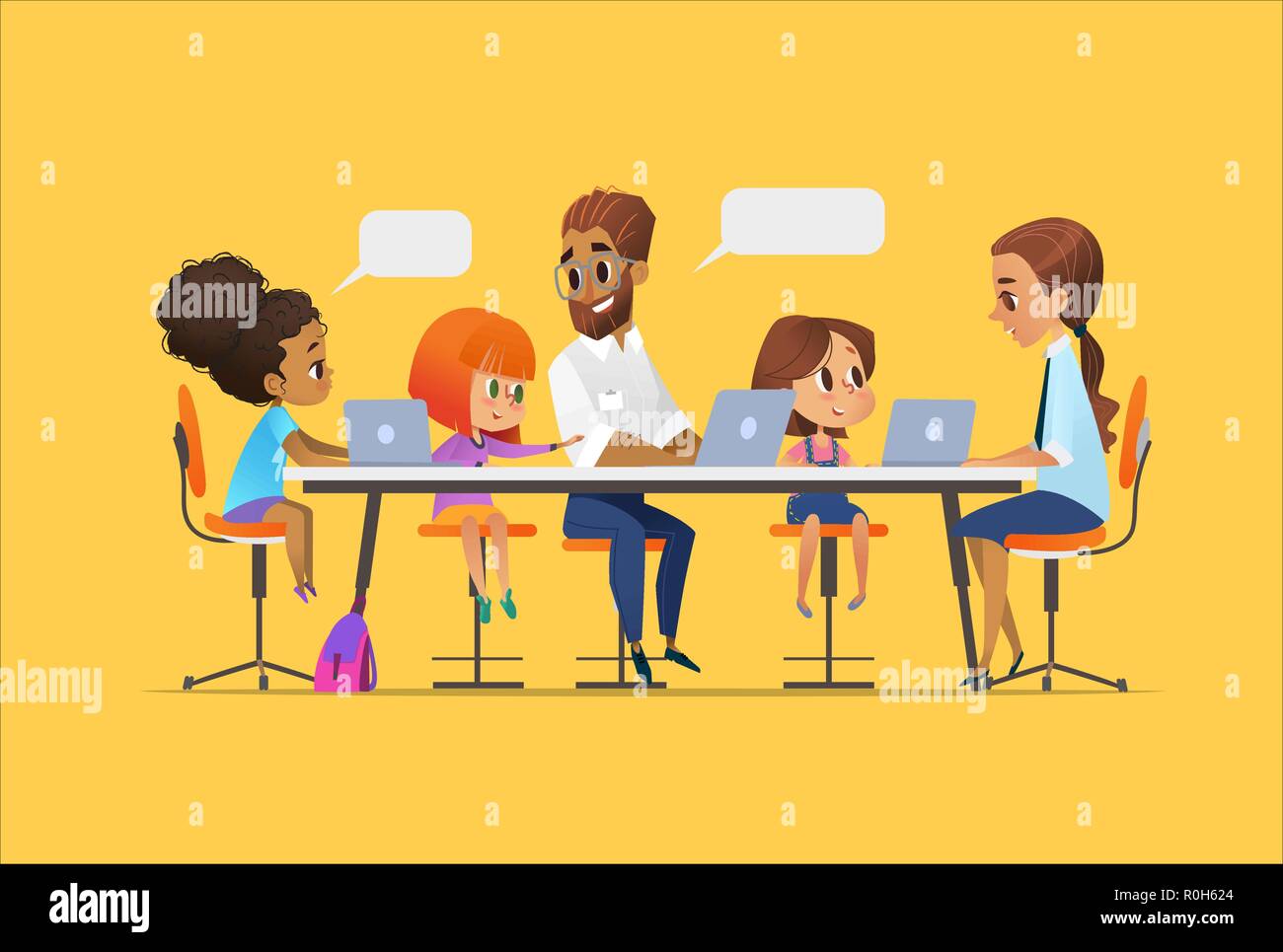 Happy children, tutor and teacher sitting at laptops and learning ...