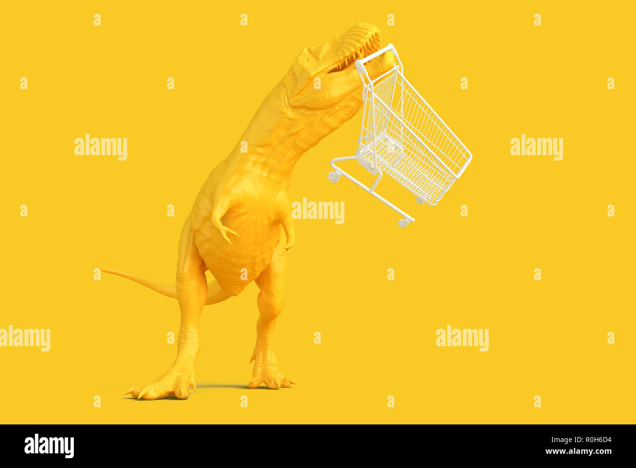 Dinosaur with shopping cart. 3D illustration. Contains clipping path. Stock Photo