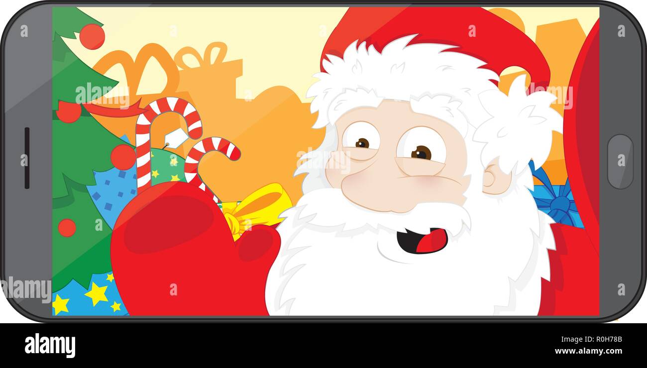 a vector cartoon representing a funny and modern Santa Claus taking himself a selfie and posing in his workshop, in the middle of presents Stock Vector