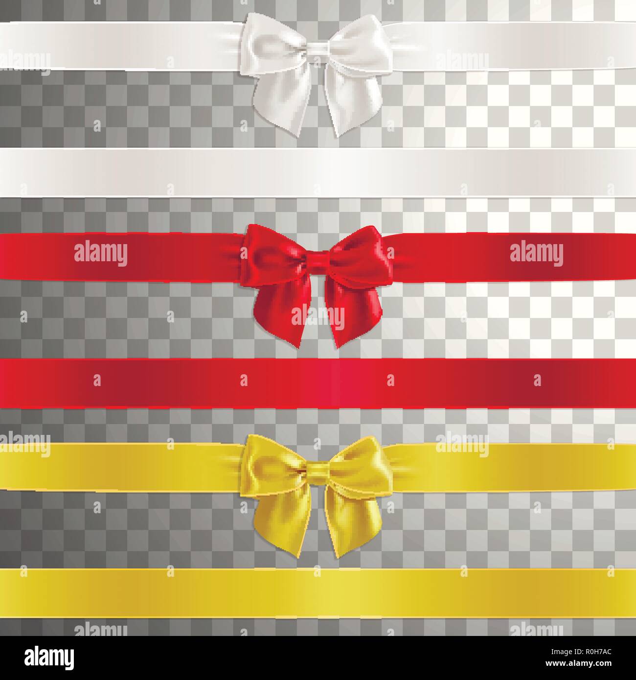 bows  made of satin ribbon in white, red and gold color on a transparent background Stock Vector