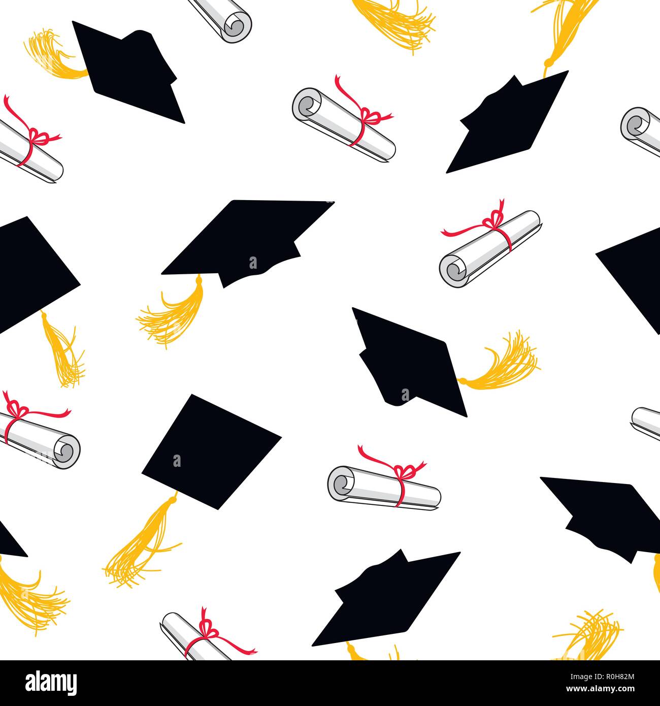 seamless pattern with graduation caps and scrolls of diplomas on a
