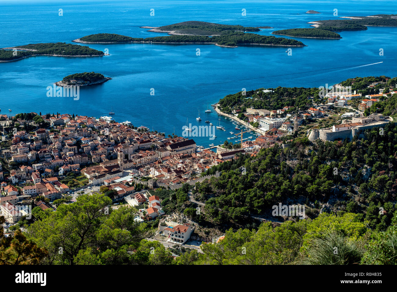 The port town of Hvar, on the island of Hvar island in the Adriatic Sea, Croatia. Stock Photo