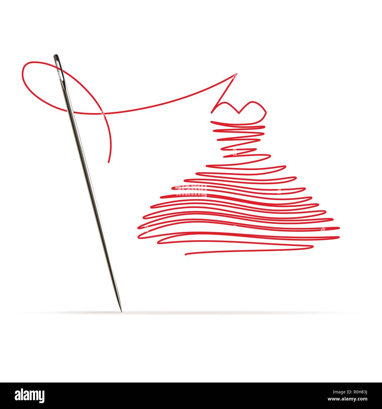 Sewing needle with a red thread in the form of a dress on white ...