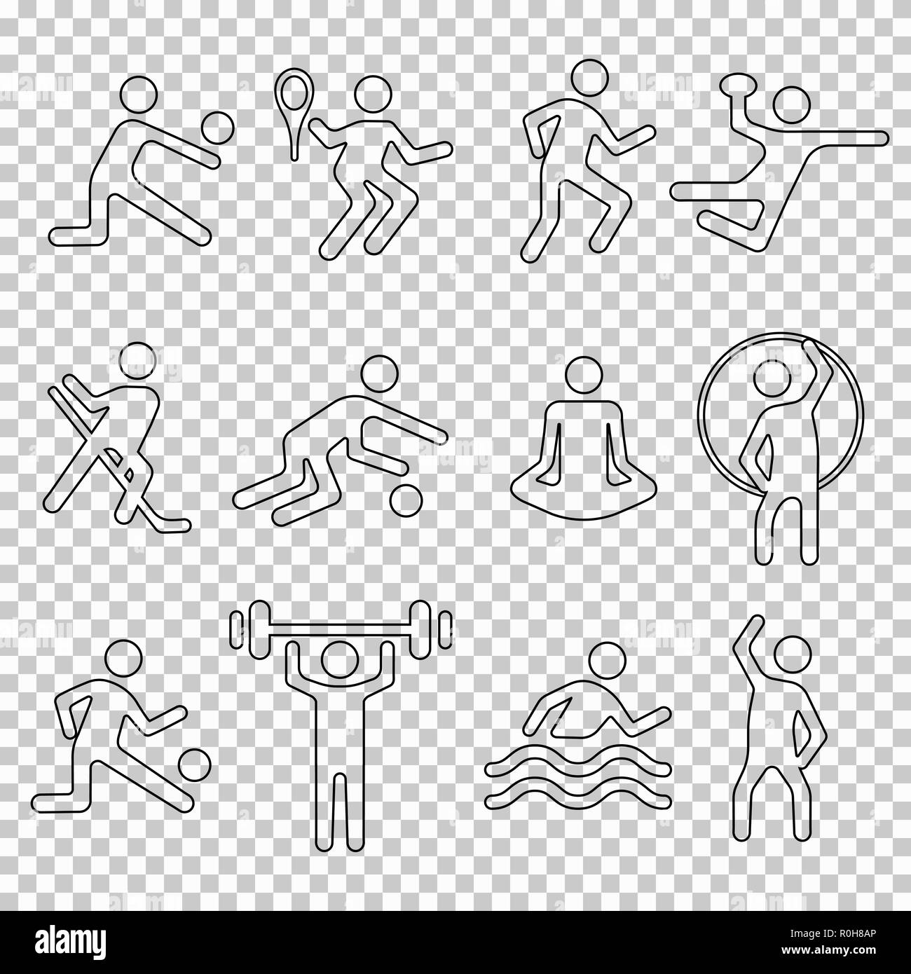 Sport linear icons set, vector silhouette, flat fitness logo, stencil emblem, line shape athlete person. Outline black badges team and singles various Stock Vector