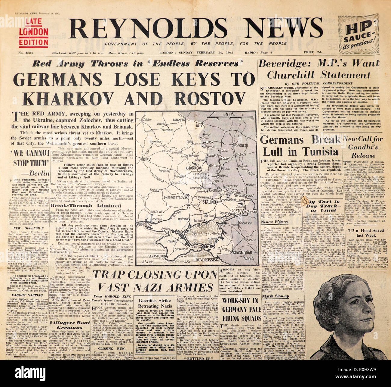 'Germans Lose Keys to Kharkov and Rostov' Reynolds News WWII  WW2 newspaper headline Ukraine map 14 February 1943 in London Great Britain UK Stock Photo