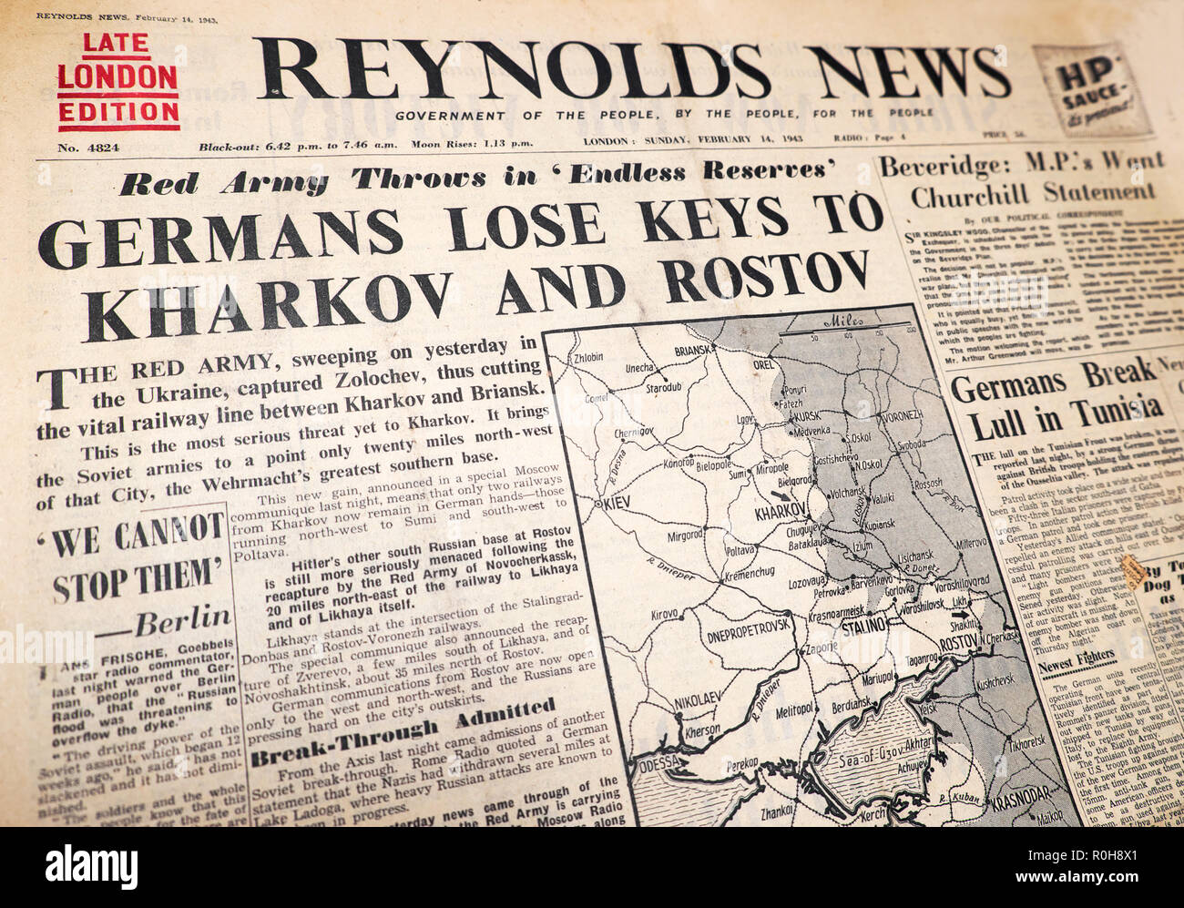 'Germans Lose Keys to Kharkov and Rostov' Reynolds News Second World War British newspaper headline and map London UK Great Britain  14 February 1943 Stock Photo