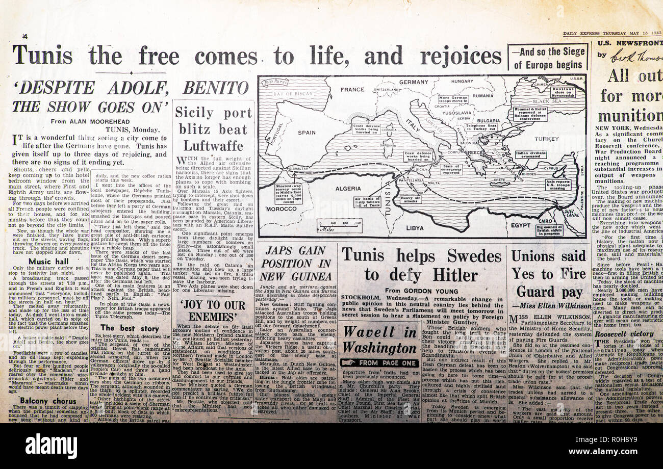 North Africa map and article Tunisia in the Second World War 2 WWII Daily Express newspaper 'Tunis the free comes to life and rejoices' May 13 1943 Stock Photo