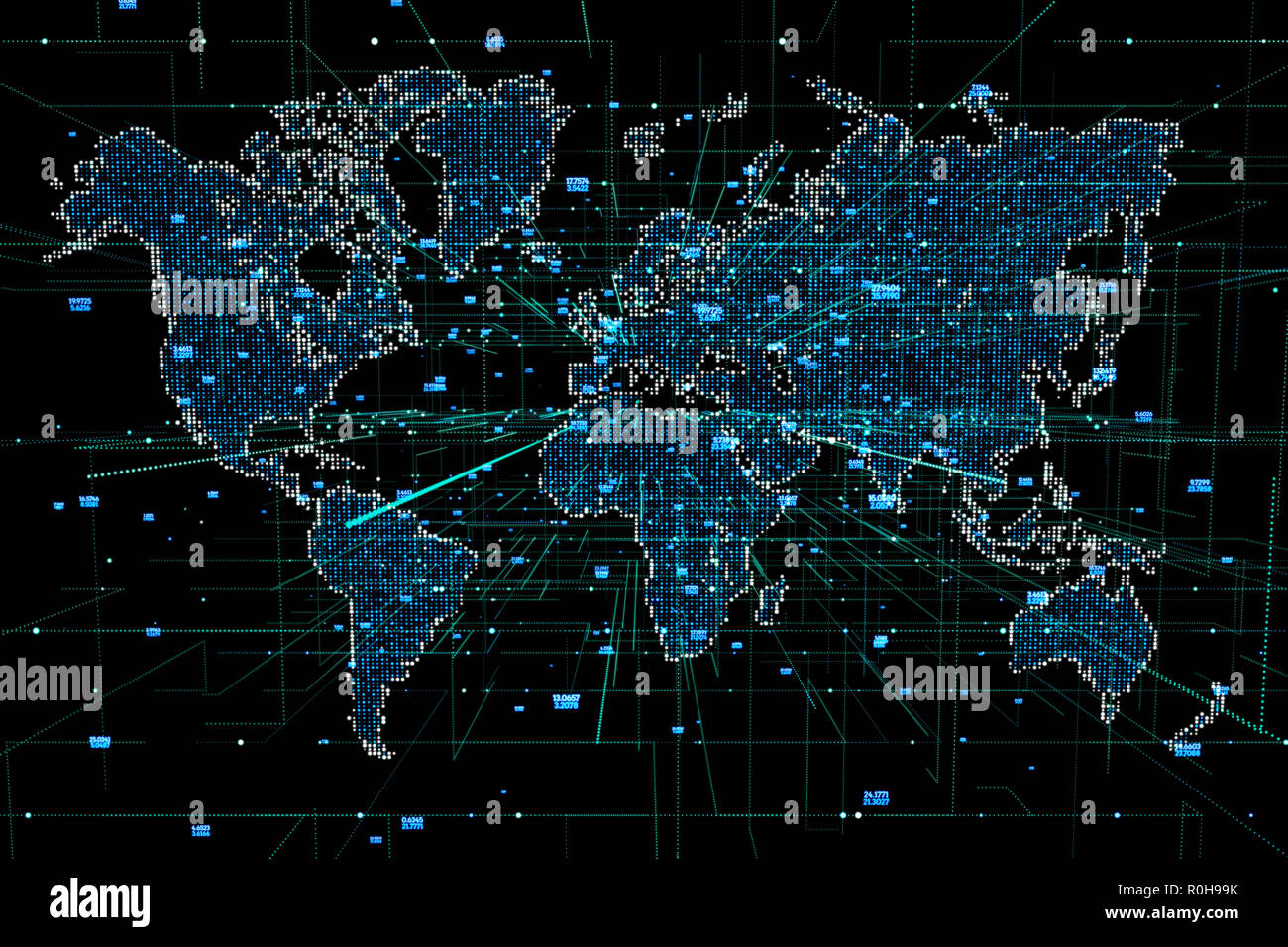 Abstract mash line and point scales on dark background with map of