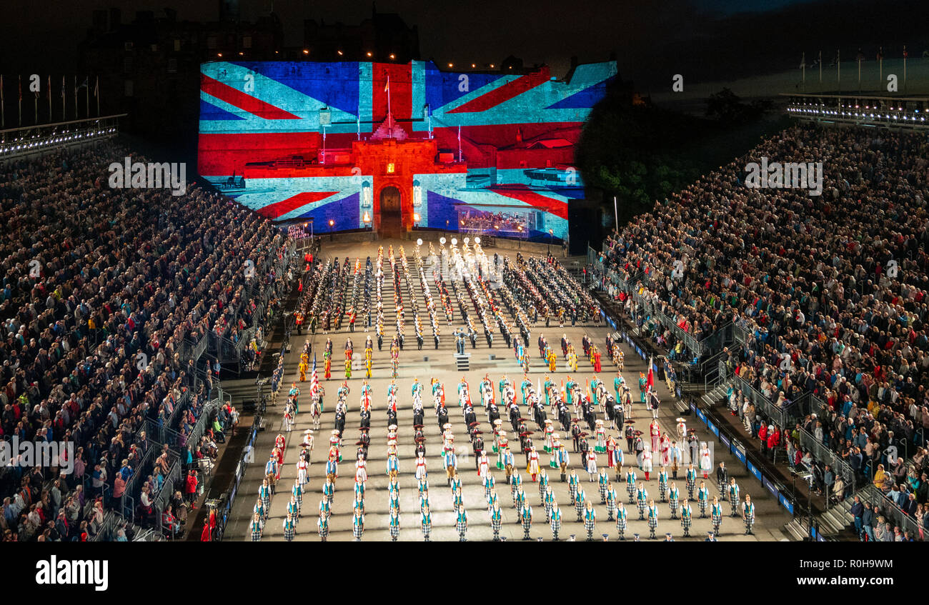 Large Union flag projected onto Edinburgh Castle during Edinburgh International Military Tattoo part of Edinburgh International Festival 2018 Stock Photo