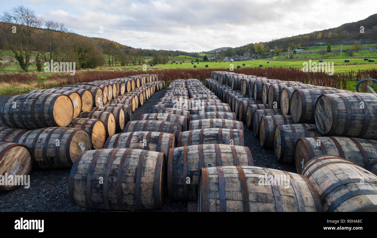 View of whisky barrels at Lindores Abbey Distillery in Newburgh, Fife, Scotland, UK Stock Photo
