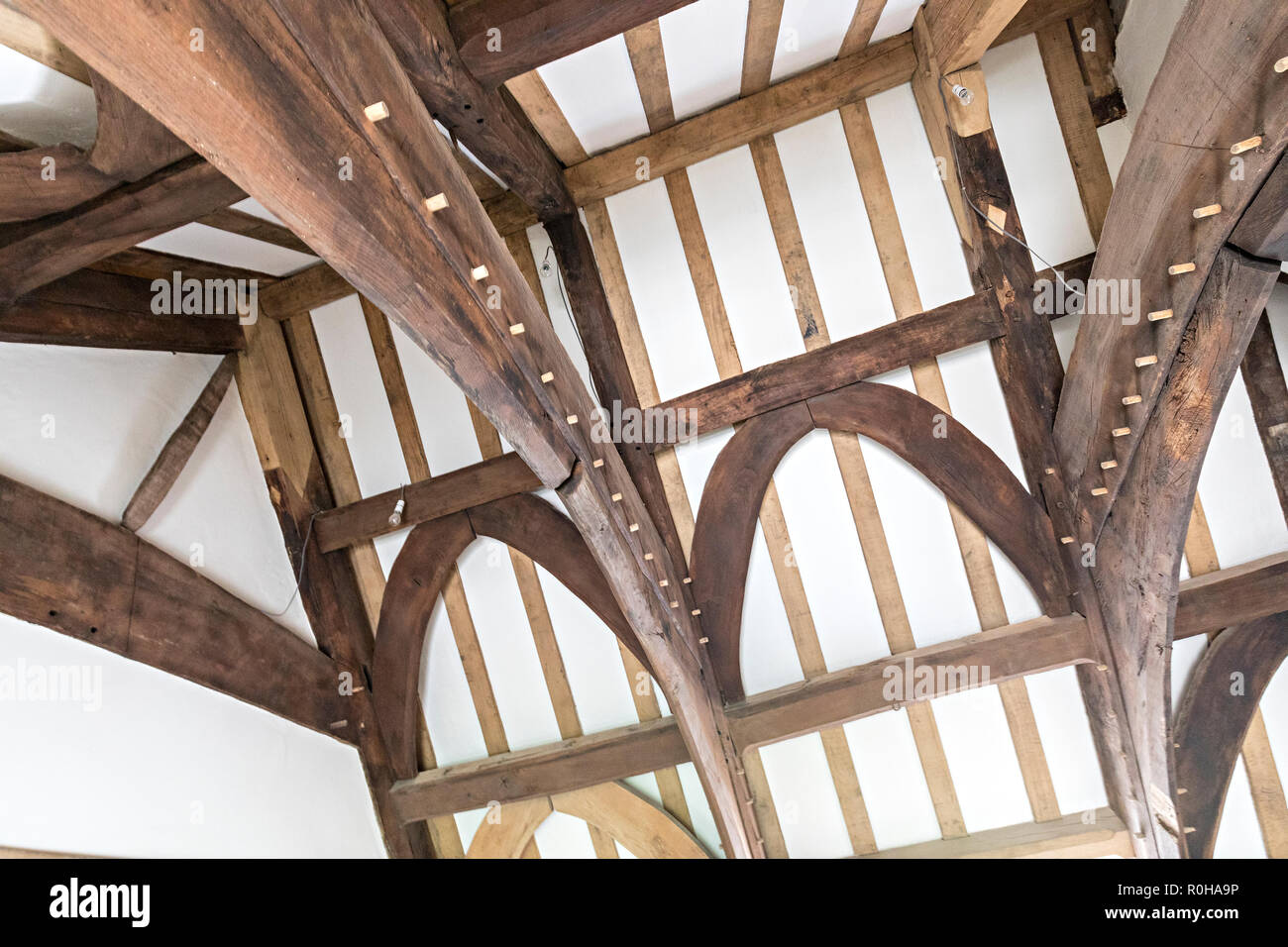 Roof Interior With Pegged Beams At House Restoration By The