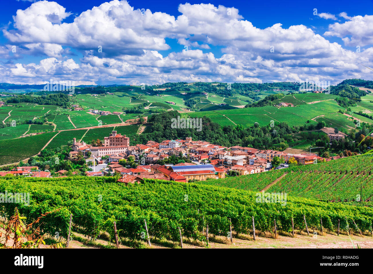 View of Barolo in the Province of Cuneo, Piedmont, Italy. Stock Photo