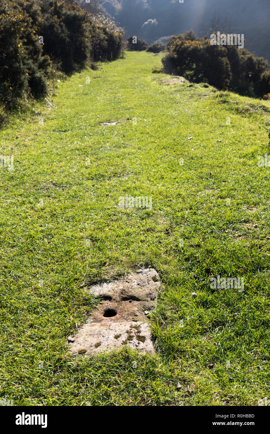 Stone set in Hill's Tramroad for carrying rail, Pwll Du, Blaenavon Industrial World Heritage Site, Wales, UK Stock Photo