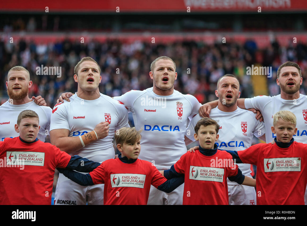 4th November, Anfield, Liverpool, England ; Rugby League International Test Match , England v New Zealand ; England team and mascots sing the national anthem Credit Mark Cosgrove/News Images Stock Photo