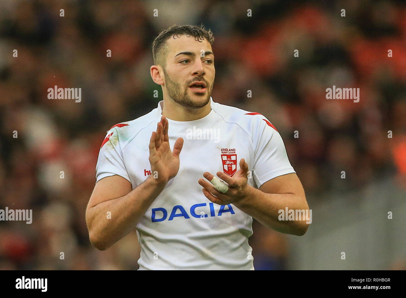 4th November, Anfield, Liverpool, England ; Rugby League International Test Match , England v New Zealand ; Jake Connor of England applauds his team mates as England score a try    Credit:  Mark Cosgrove/News Images Stock Photo