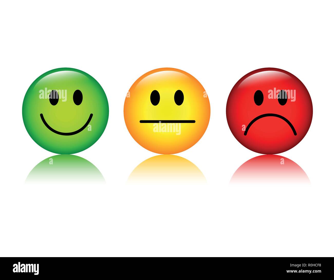 three emoticon smiley rating buttons green to red vector illustration Stock Vector