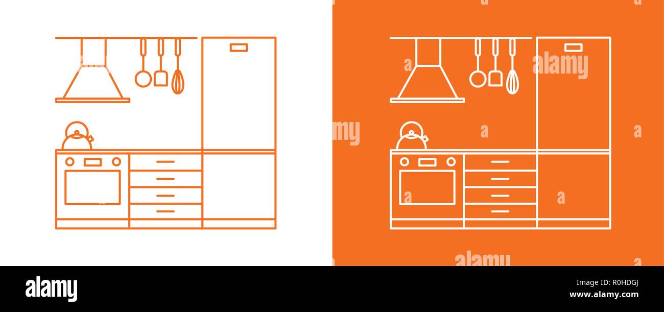 Vector line icon drawing design project fragment of a compact modular kitchen on a white and orange background Stock Vector