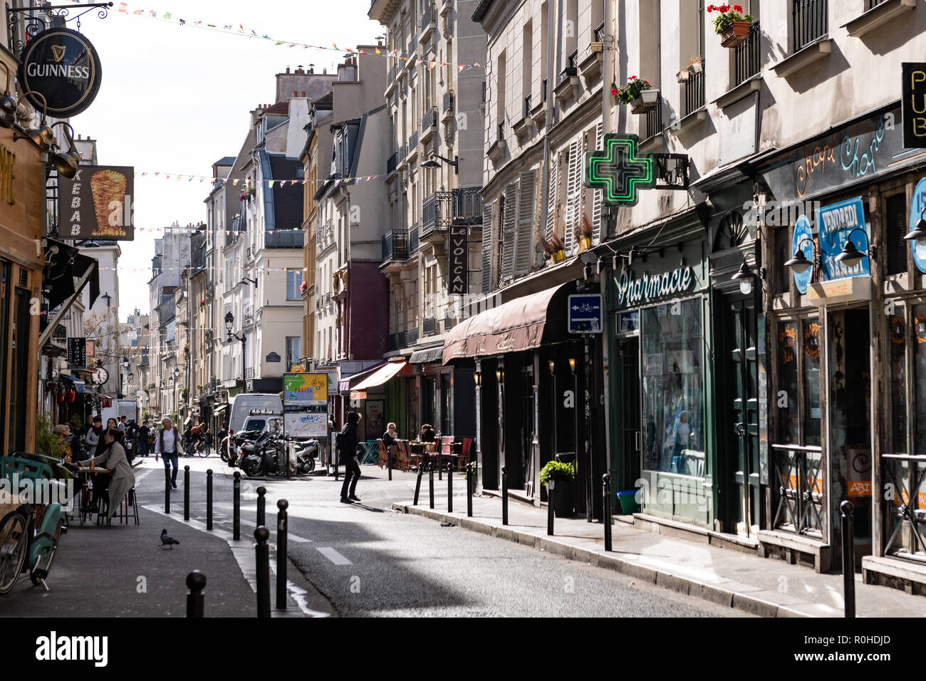 Shops and restaurants in the Mouffetard street in Paris. Stock Photo