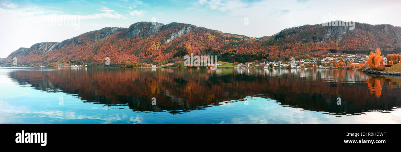 Extra wide panoramic rural Norwegian landscape at autumn day. Kyrksaeterora village, Norway Stock Photo