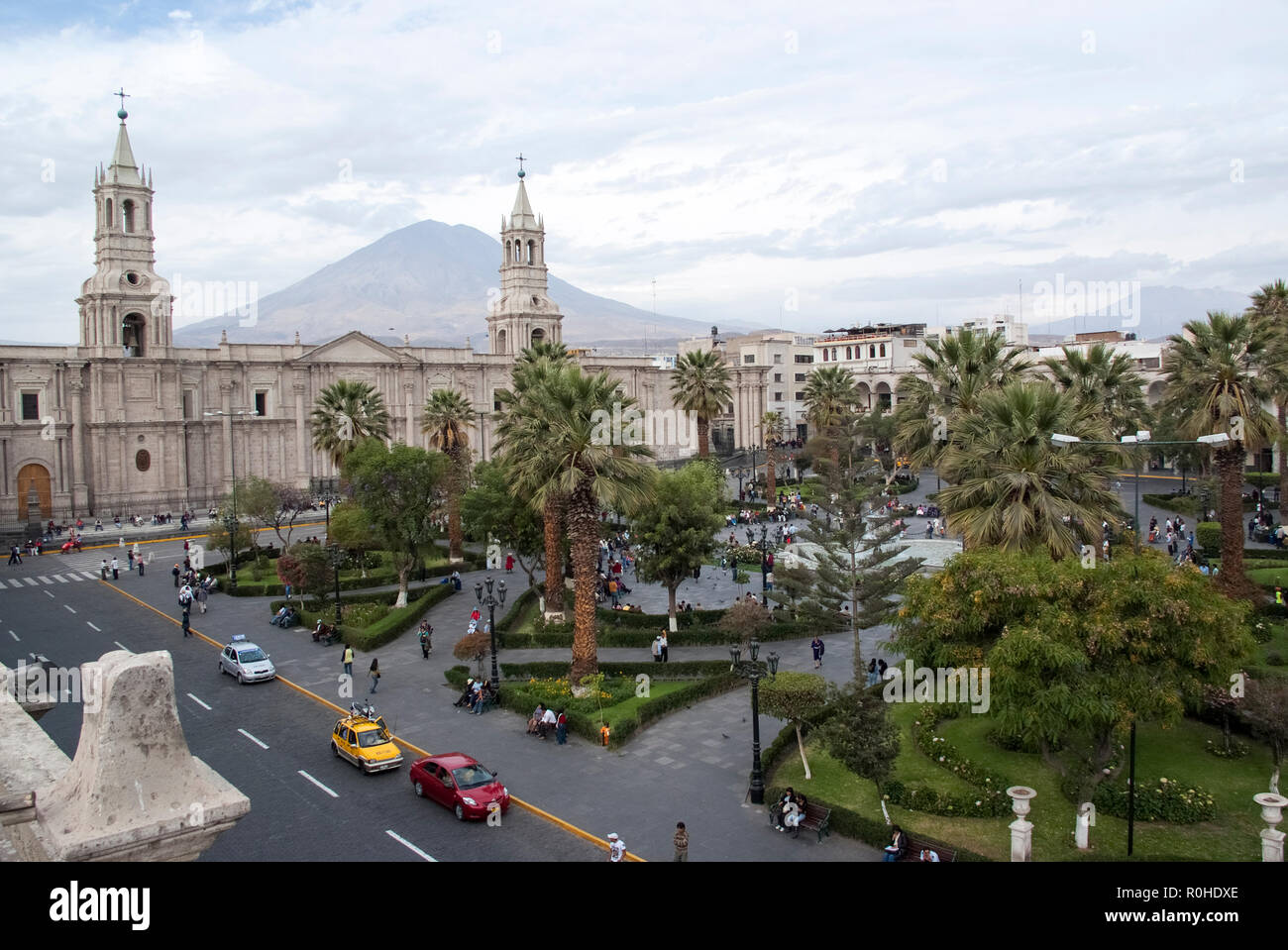 Church and palm trees on Plaza de Armas in Arequipa, Peru, South America Stock Photo