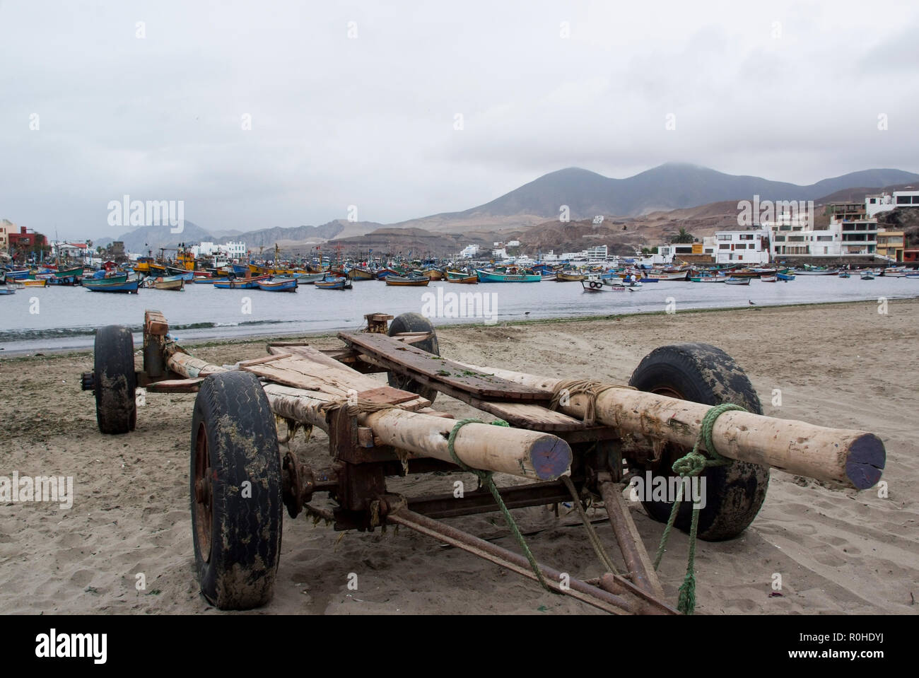 Lima, Boats in traditional fisher harbor of Pucusana. Stock Photo