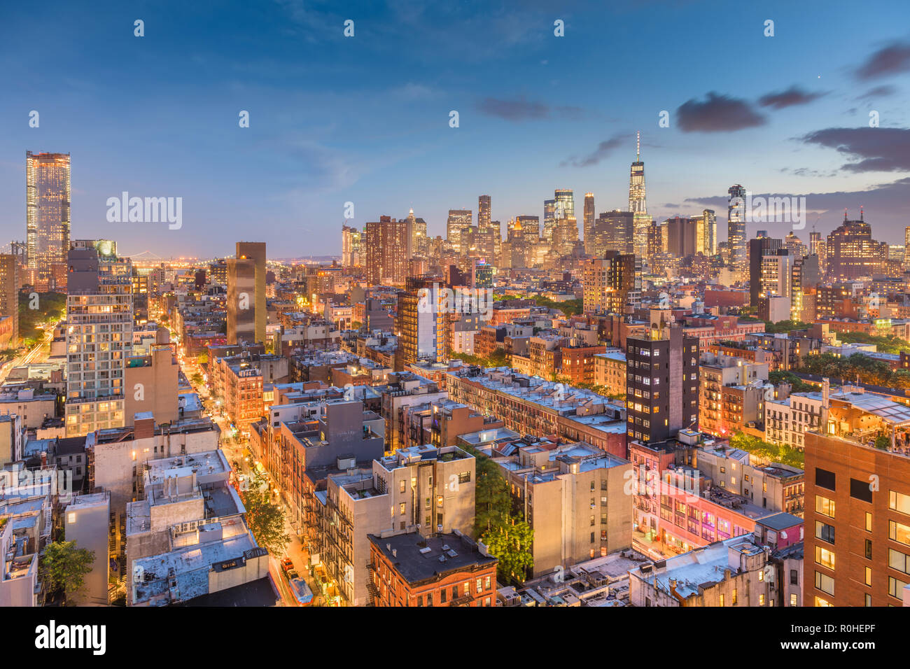 New York, New York, USA downtown city skyline at dusk. Stock Photo