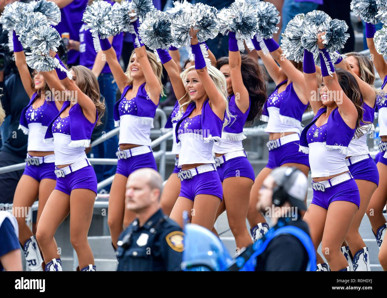 TCU showgirls perform during the Oklahoma Sooners at TCU Horned Frogs at an NCAA Football game at the Amon G. Carter Stadium, Fort Worth Texas. 10/20/18.Manny Flores/Cal Sport Media) Stock Photo