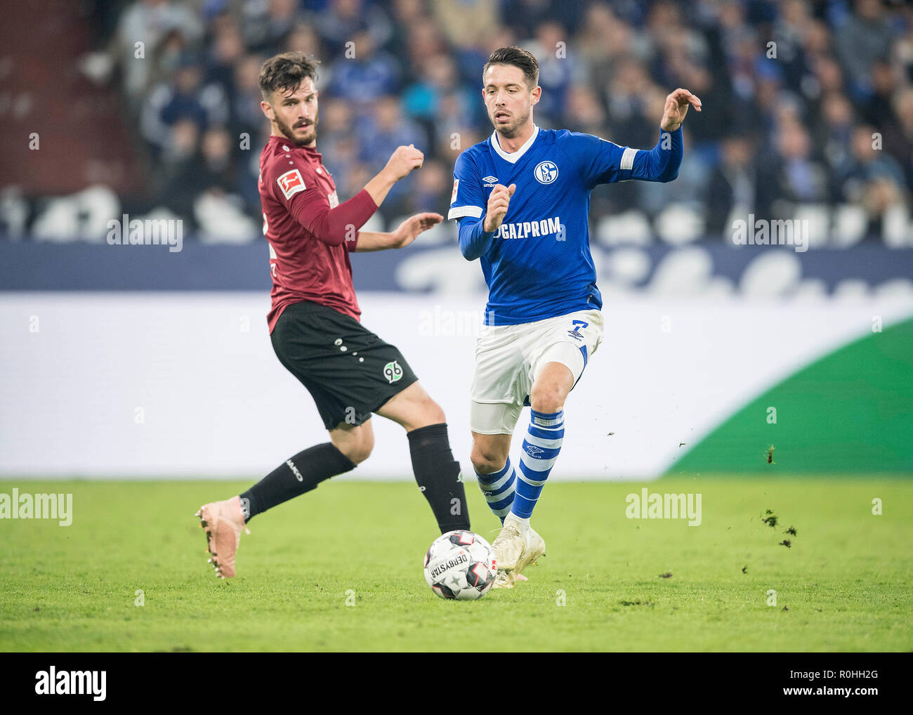 Mark Uth R Ge In A Duel Against Josip Elez H Action Duels Football 1 Bundesliga 10 Matchday Fc Schalke 04 Ge Hanover 96 H 3 1 On Nov 3 1818 In Gelsenkirchen Germany