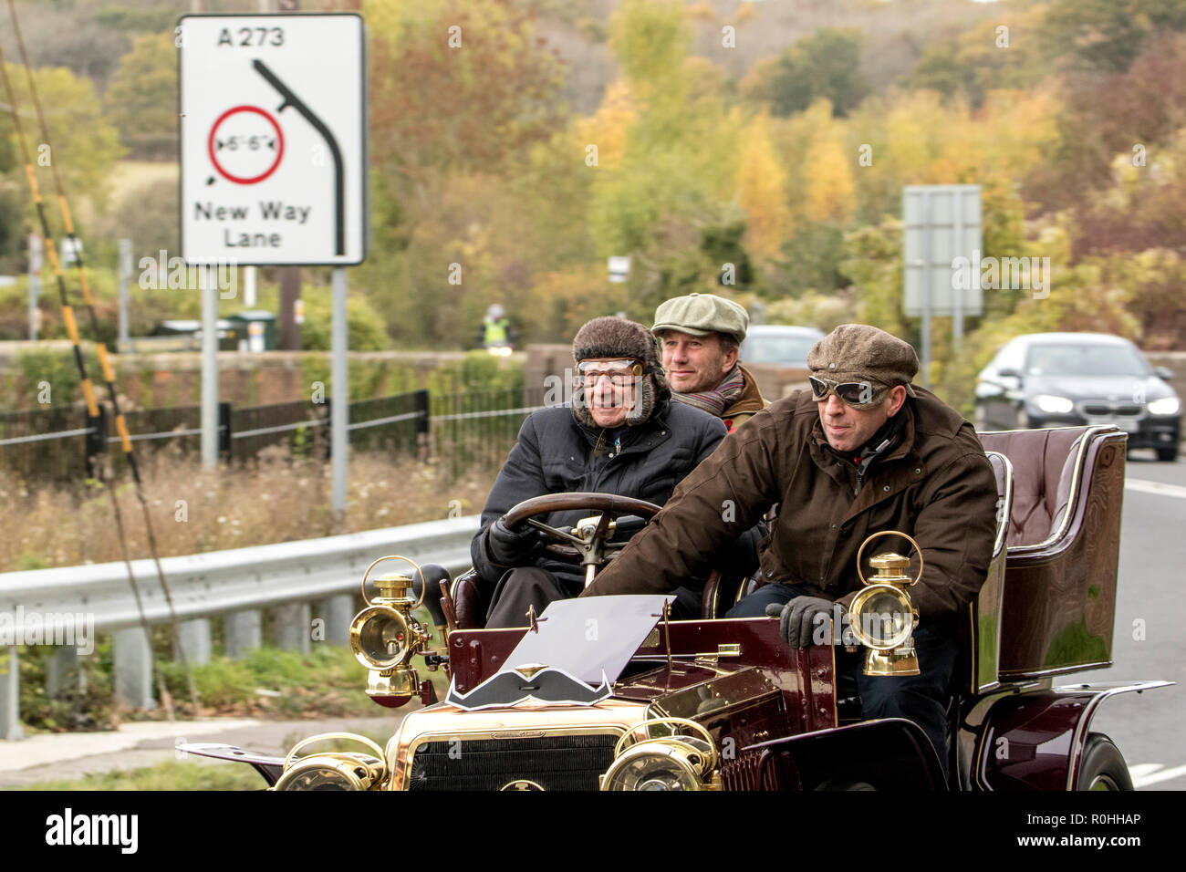 Pyecombe, East Sussex, UK. 4th November 2018. Christian Horner of Red Bull racing with Lord Laidlaw in the Lords 1904 Panhard-Levassor as they join owners and drivers take for the 79th  “Bonham's” London to Brighton Veteran car run. The 60 mile route, starting in Hyde Park London concludes at Madeira Drive Brighton. The vehicles in this year annual event, including an 1895 Peugeot and an 1898 Panhard et Levassor were all built between 1893 and 1905. Stock Photo