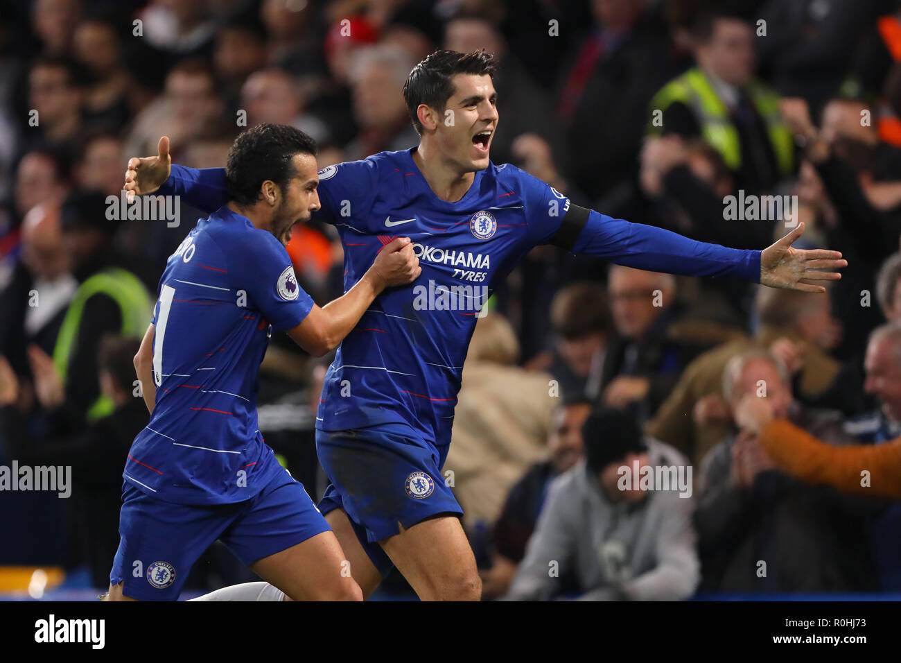 Alvaro Morata of Chelsea celebrates after scoring the opening goal, putting Chelsea 1-0 ahead  - Chelsea v Crystal Palace, Premier League, Stamford Bridge, London - 4th November 2018  STRICTLY EDITORIAL USE ONLY - DataCo rules apply - The use of this image in a commercial context is strictly prohibited unless express permission has been given by the club(s) concerned. Examples of commercial usage include, but are not limited to, use in betting and gaming, marketing and advertising products. No use with unauthorised audio, video, data, fixture lists, club and or league logos or services includi Stock Photo