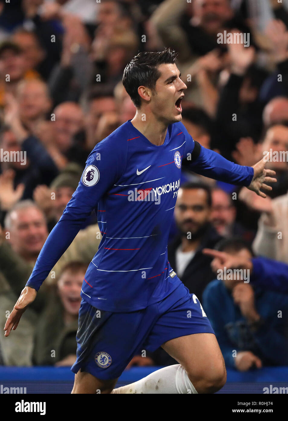 Alvaro Morata of Chelsea celebrates after scoring the opening goal, putting Chelsea 1-0 ahead  - Chelsea v Crystal Palace, Premier League, Stamford Bridge, London - 4th November 2018  STRICTLY EDITORIAL USE ONLY - DataCo rules apply - The use of this image in a commercial context is strictly prohibited unless express permission has been given by the club(s) concerned. Examples of commercial usage include, but are not limited to, use in betting and gaming, marketing and advertising products. No use with unauthorised audio, video, data, fixture lists, club and or league logos or services includi Stock Photo