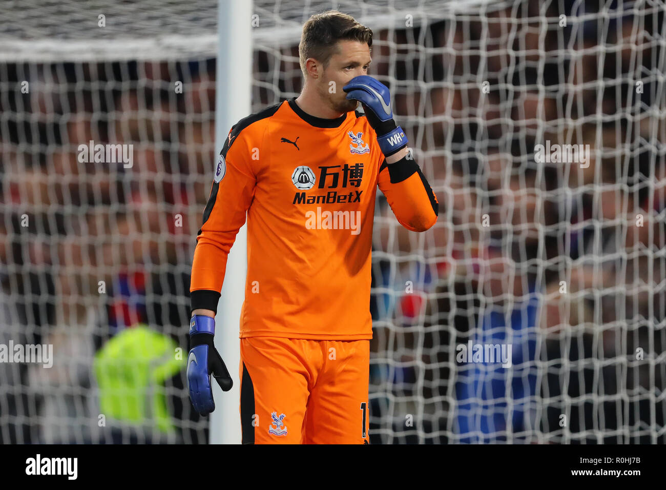 Wayne Hennessey of Crystal Palace - Chelsea v Crystal Palace, Premier League, Stamford Bridge, London - 4th November 2018  STRICTLY EDITORIAL USE ONLY - DataCo rules apply - The use of this image in a commercial context is strictly prohibited unless express permission has been given by the club(s) concerned. Examples of commercial usage include, but are not limited to, use in betting and gaming, marketing and advertising products. No use with unauthorised audio, video, data, fixture lists, club and or league logos or services including those listed as 'live' Stock Photo